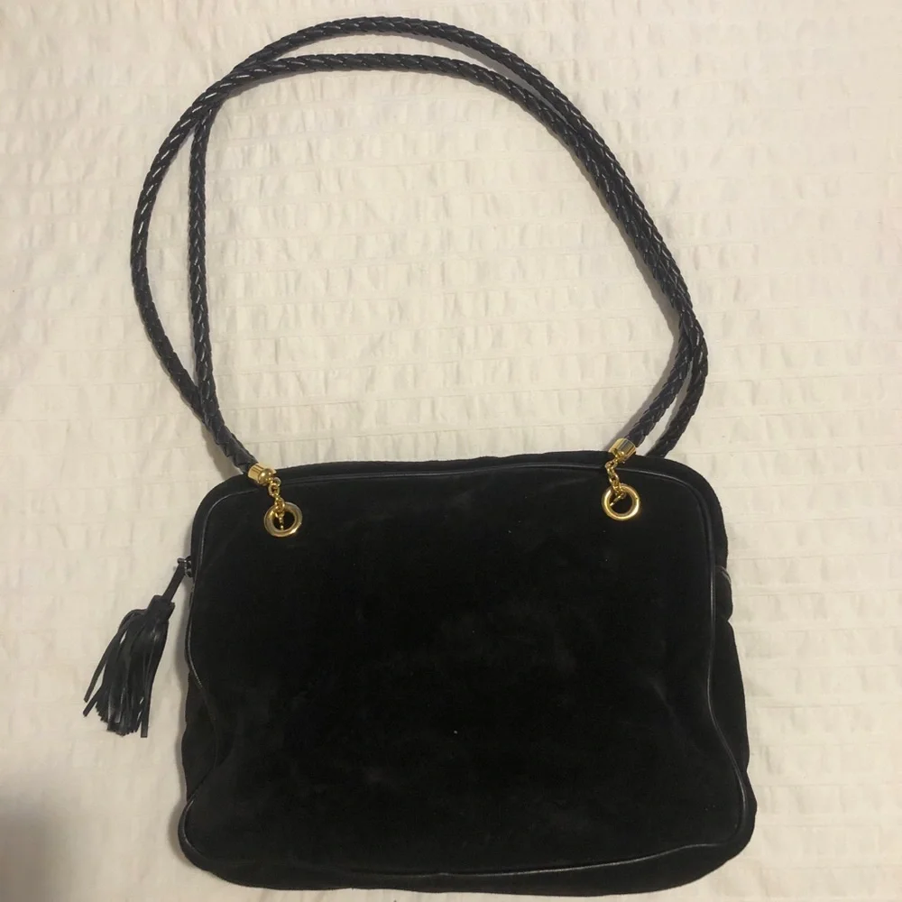 Bottega Veneta Black Suede Shoulder Bag with Leather straps Gold accents - Picture 12 of 13